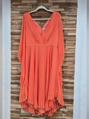 Halston Heritage Coral-Orange Pleated High-Low V-Neck Dress